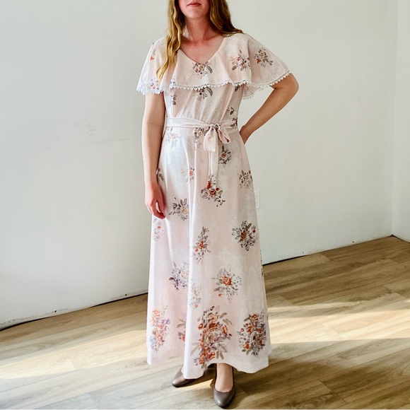 Vintage Dresses & Skirts - Vintage | Handmade Cottagecore Prairie Belted Pink Floral Maxi Dress